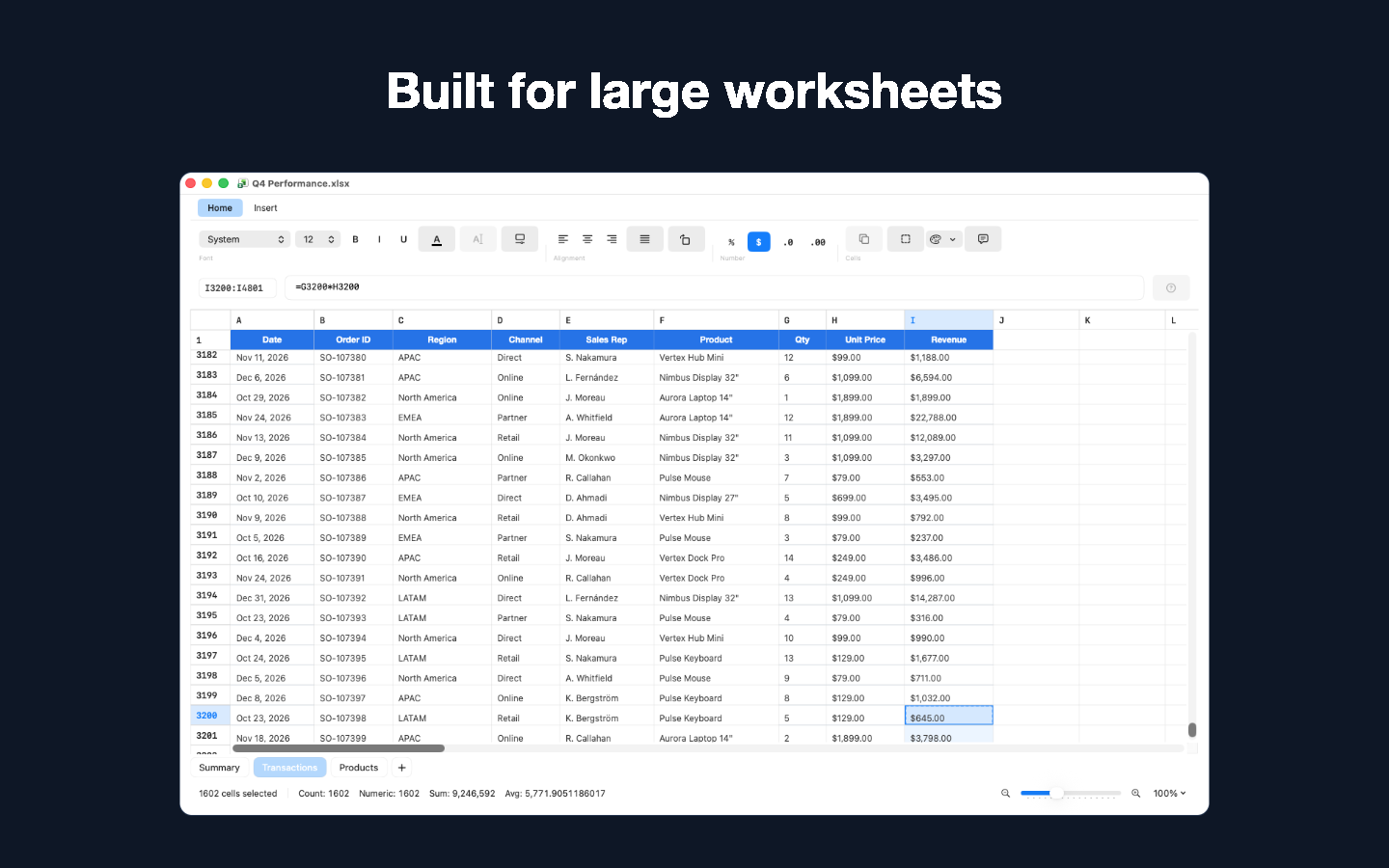 LightCell: a large worksheet with thousands of transaction rows